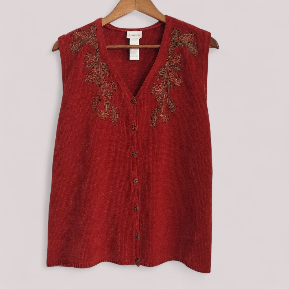 Vintage Koret Women's Size 1X Deep Red Embroidered Cottagecore Sweater Vest